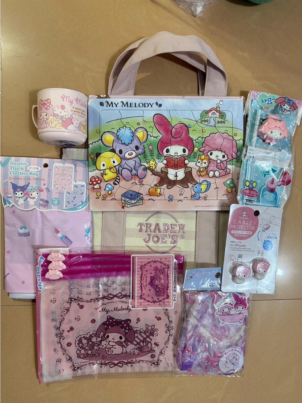 NWT Trader Joe's Pink & Cream Striped Tote Bag & Sanrio My Melody Bundle